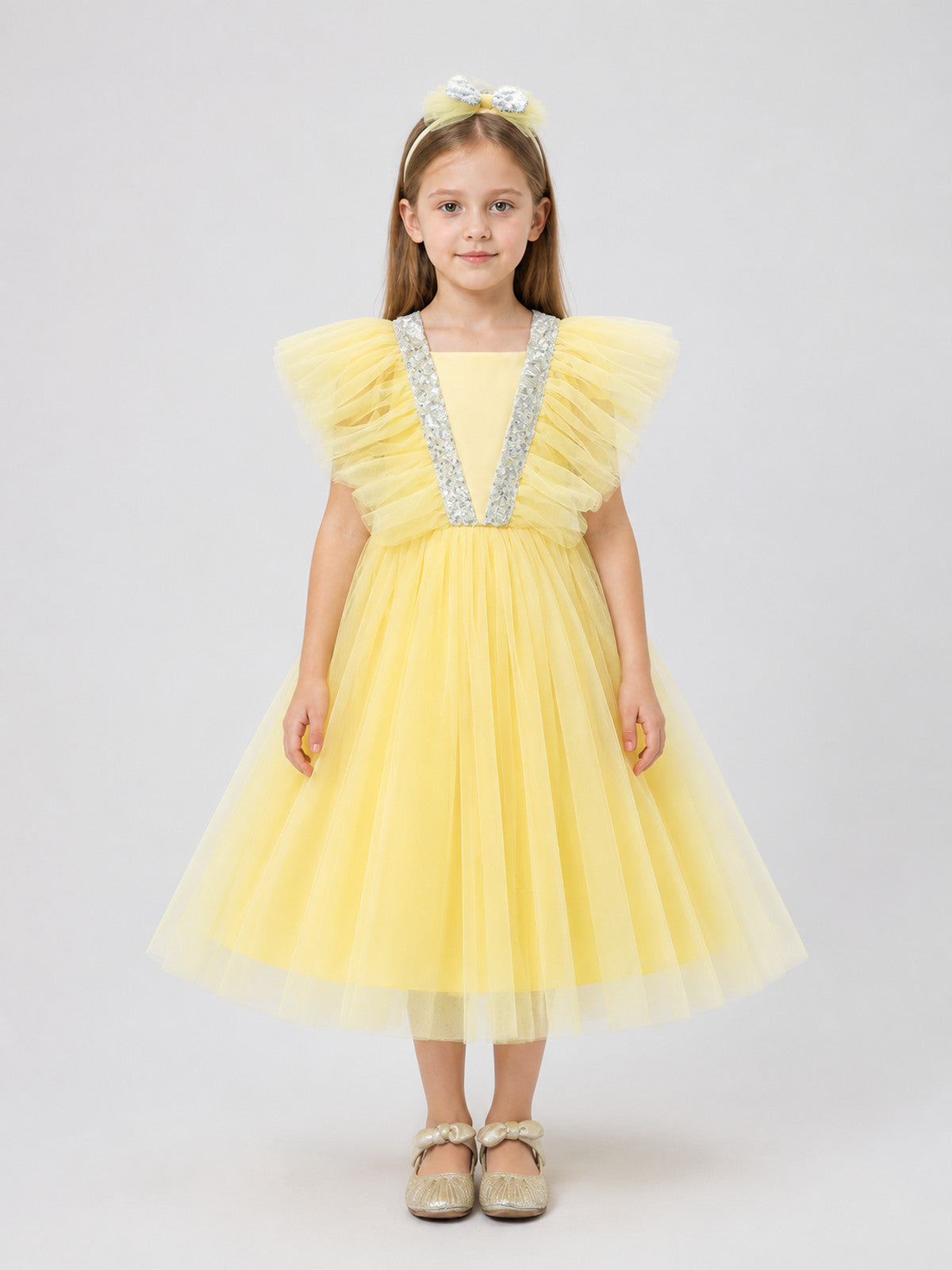 Dressy Yellow Princess Dress for Girls with a Full Skirt on-model view