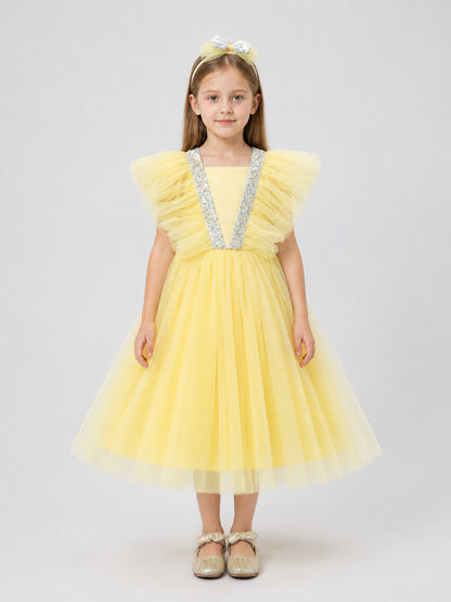 Dressy Yellow Princess Dress for Girls with a Full Skirt on-model view
