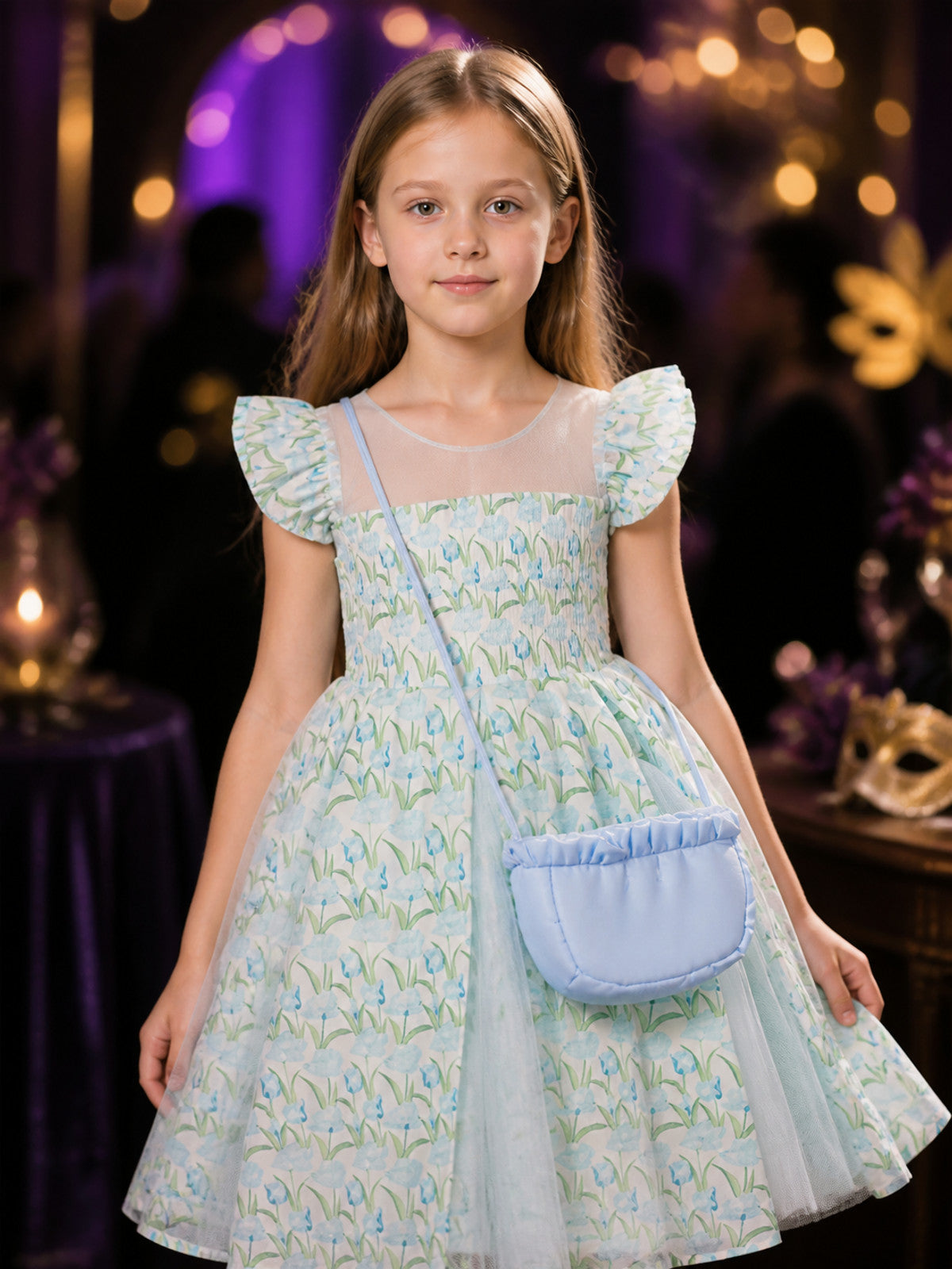 Girls' Blue Floral Princess Dress With Layered Tulle Skirt And Flutter Sleeves on-model view