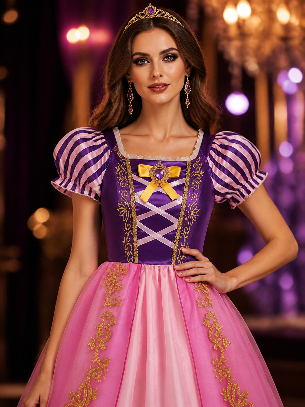 Girls Princess Halloween Costume Set with Crown and Magic Wand, Puff Sleeve on-model view