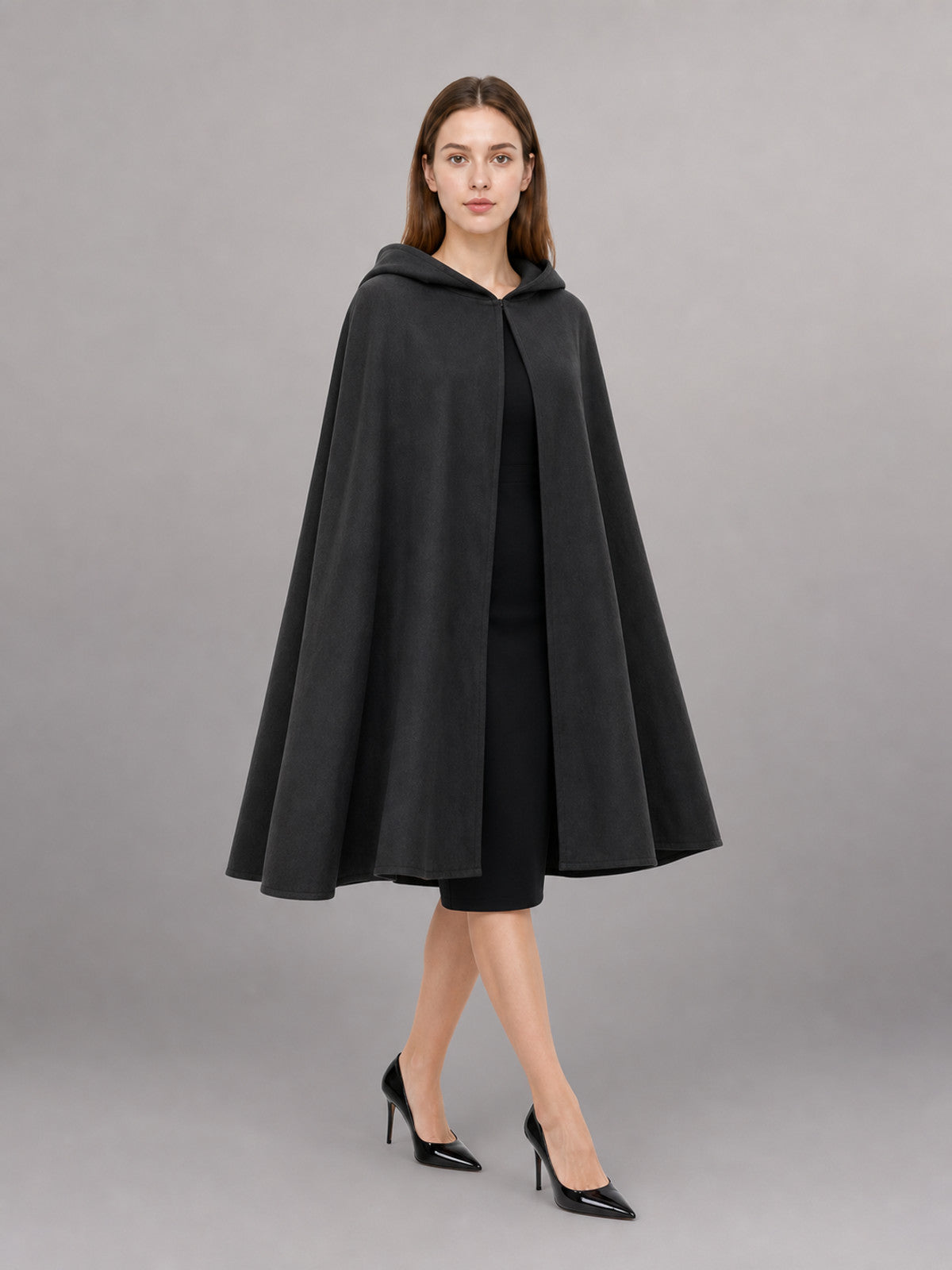 Long Black Hooded Carnival Cloak front view