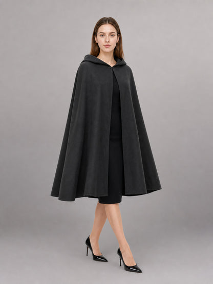 Long Black Hooded Carnival Cloak front view