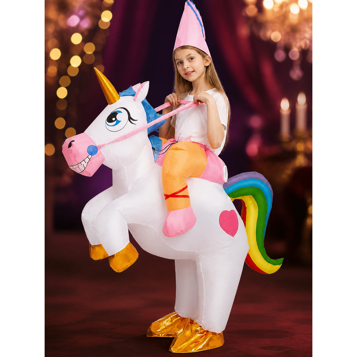 Unicorn Inflatable Costume With Rainbow Tail And Gold Horn on-model view