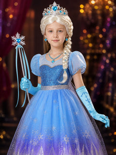Elsa Girls Snow Queen Blue Sequined Puffy Gown Costume Set With Wig And Crown