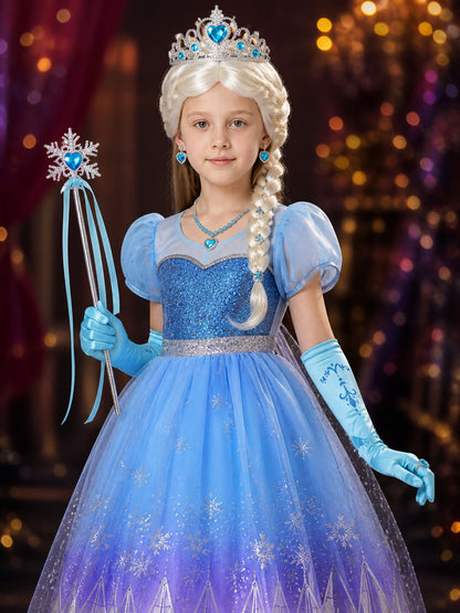 Girls Snow Queen Blue Sequined Puffy Gown Costume Set With Wig And Crown For on-model view