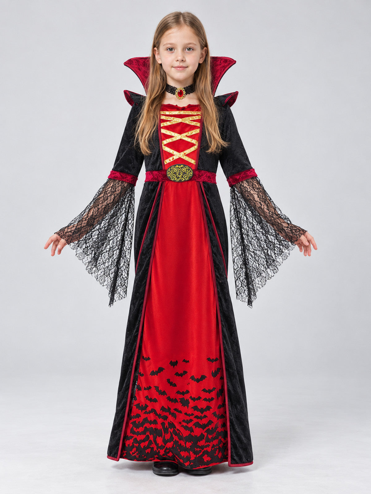 Gothic Carnival Costume with Collar and Medallion on-model view