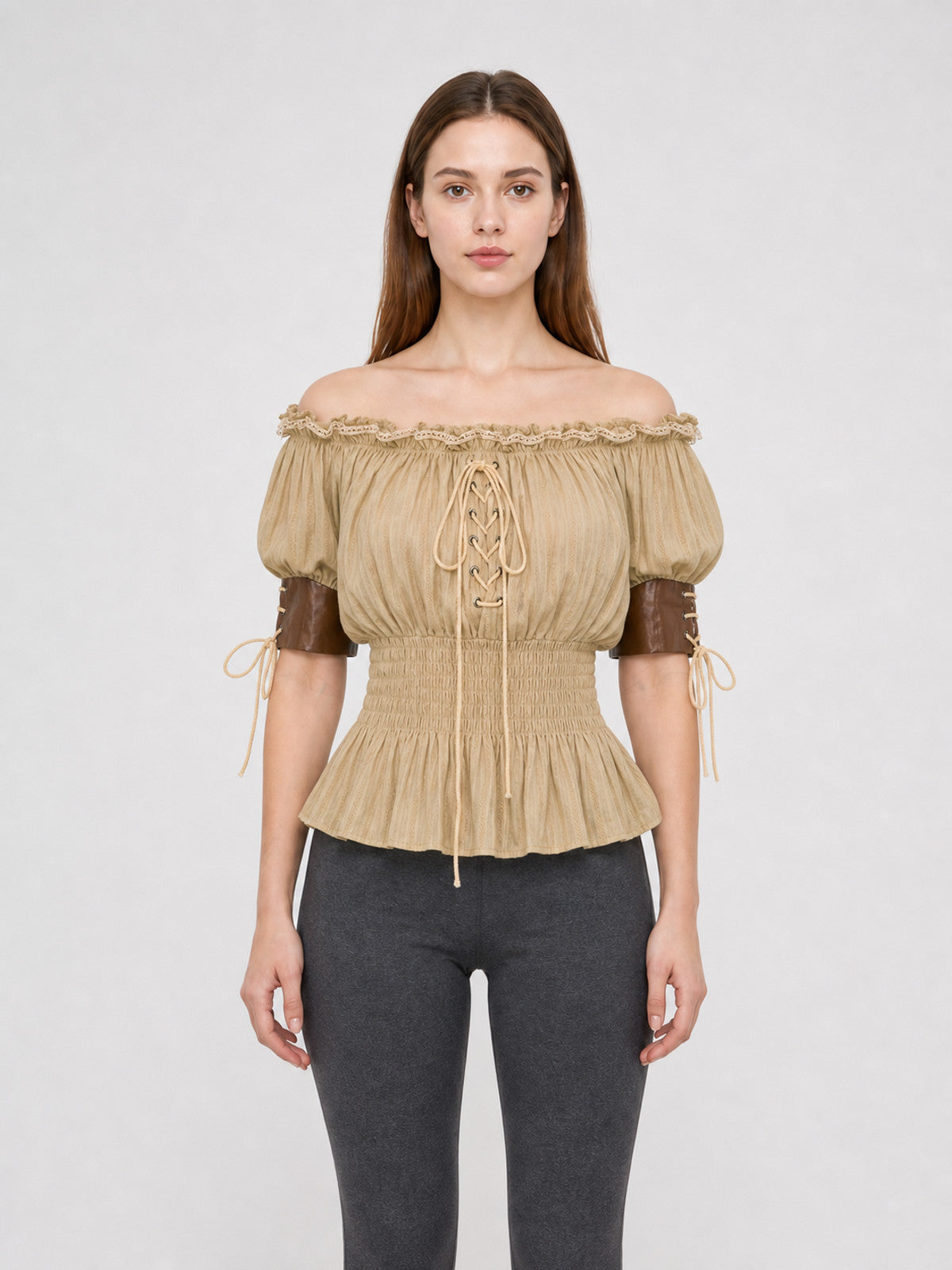 Vintage-Style Peasant Blouse with Lace-Up Front and Lace Trim front view