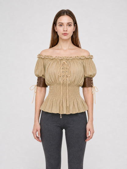Vintage-Style Peasant Blouse with Lace-Up Front and Lace Trim front view