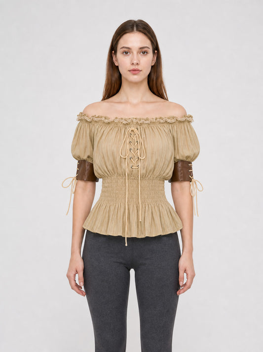 Vintage-Style Peasant Blouse with Lace-Up Front and Lace Trim front view