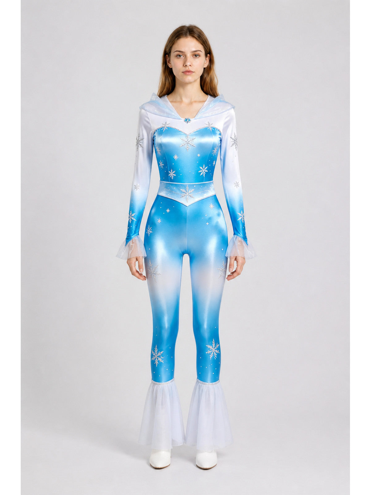 Hooded Flare-Leg Jumpsuit, Blue and White, Snowflakes main product view