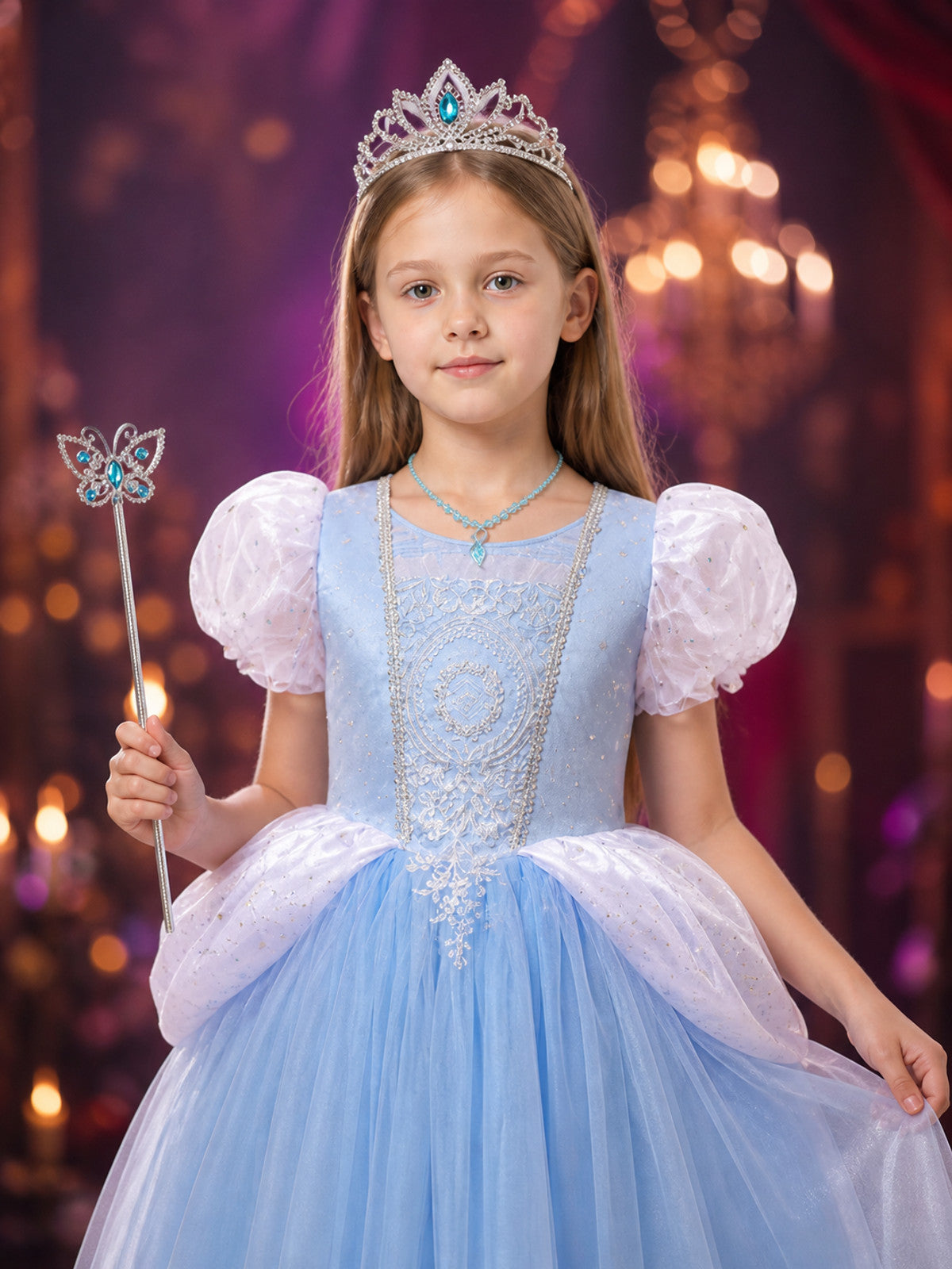 Girls Cinderella Costume Dress, Blue Tulle Princess Ball Gown Set with Tiara on-model view
