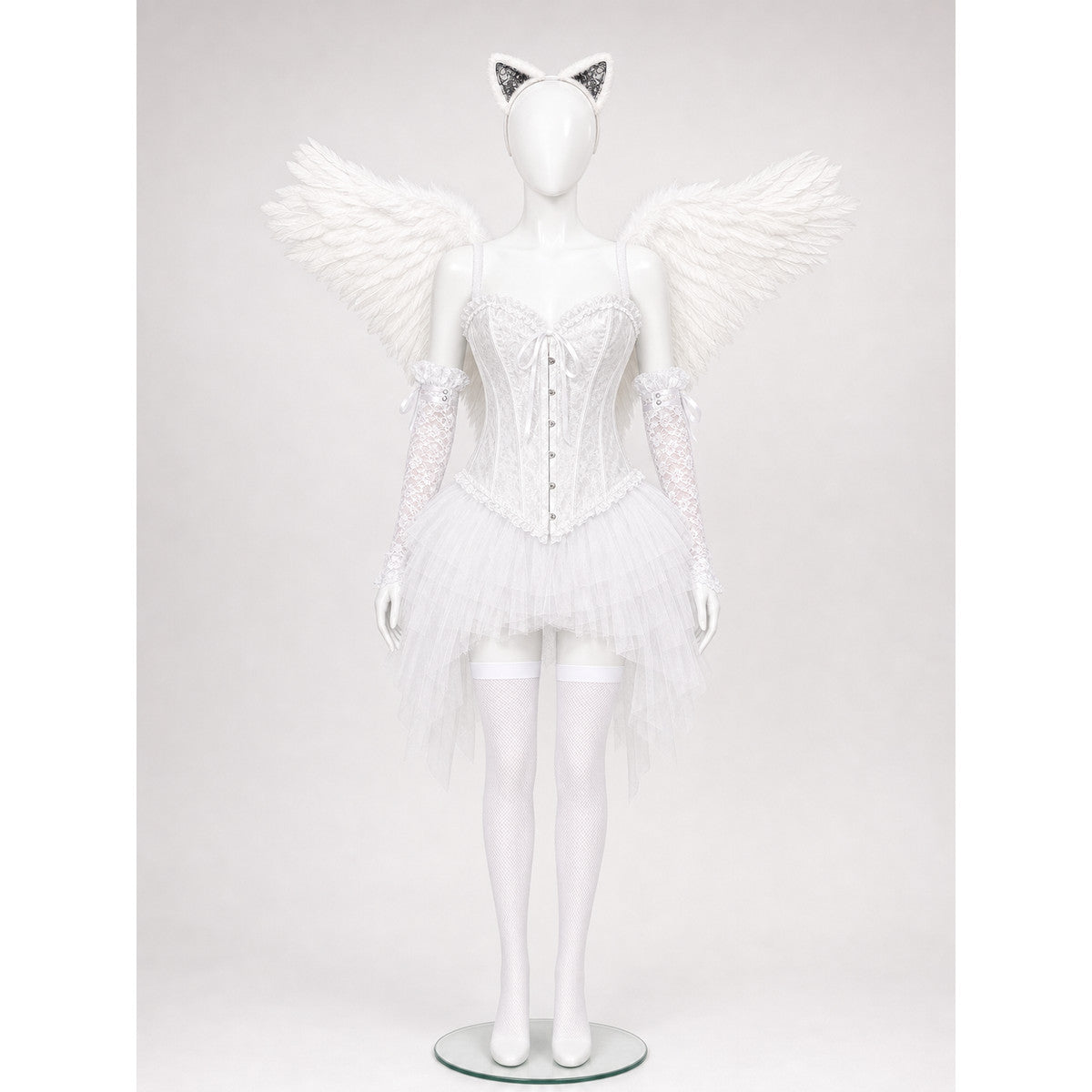 White angel costume on a mannequin: white corset top and layered tulle skirt, shown styled with feather wings, lace gloves and cat-ear headband (not included)
