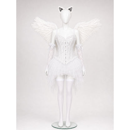 White angel costume on a mannequin: white corset top and layered tulle skirt, shown styled with feather wings, lace gloves and cat-ear headband (not included)
