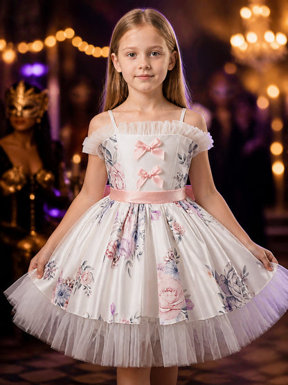 Toddler Girls' Princess Party Dress with Tulle Skirt, Floral Print and Bow on-model view