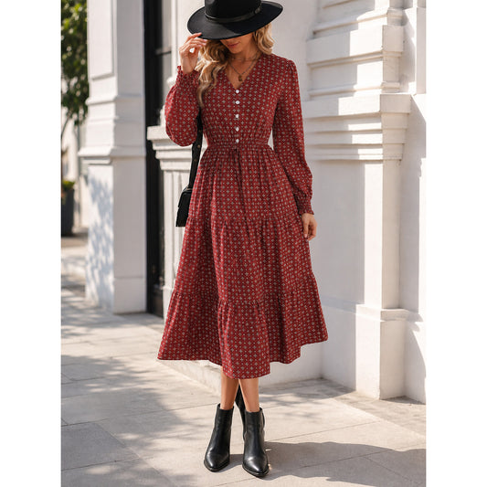 Women's long burgundy dress with print