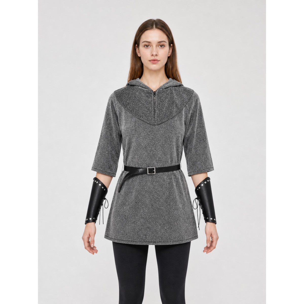 The set is designed in a medieval style and is suitable for creating a cosplay or stage-performance look. It includes a gray long top with a hood, a headpiece in the form of a gray hood, black bracers, and a black belt with a square buckle 