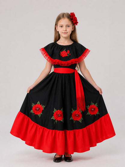 Children's Carnival Dress with Red Ruffle and Belt on-model view