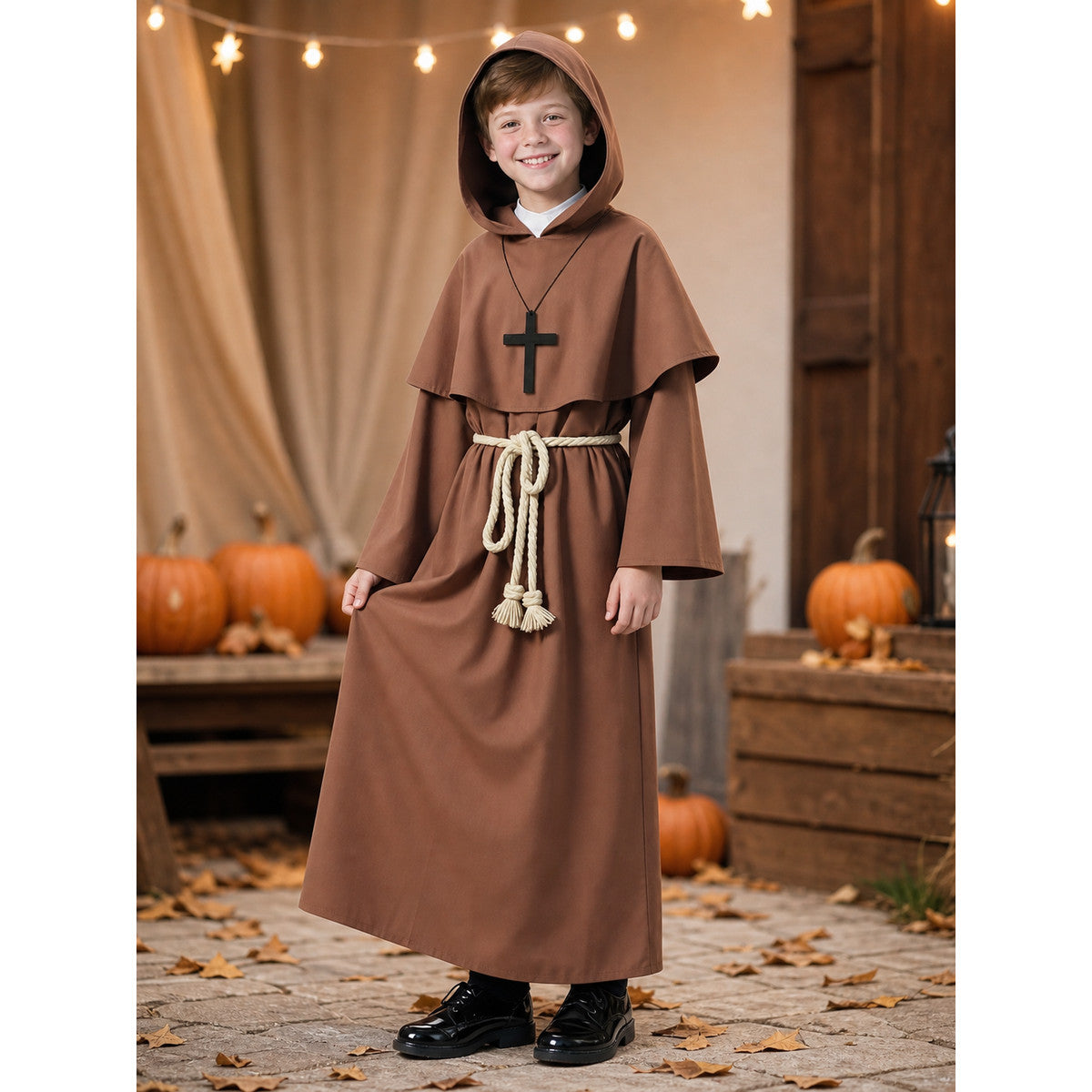Brown hooded costume with cross on-model view