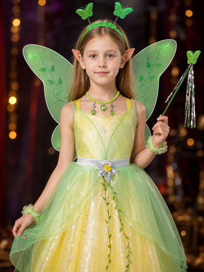 Girls' Fairy Princess Costume Dress, Butterfly Wings with Glitter and Vine on-model view
