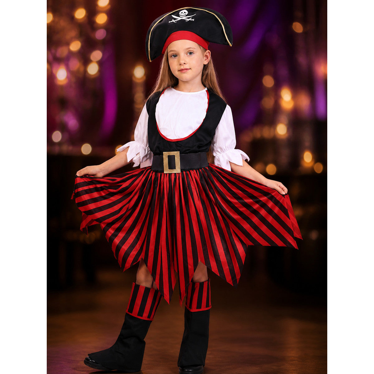 Women's Pirate Costume Set with Skull Print Dress, Tricorn Hat & Boots on-model view
