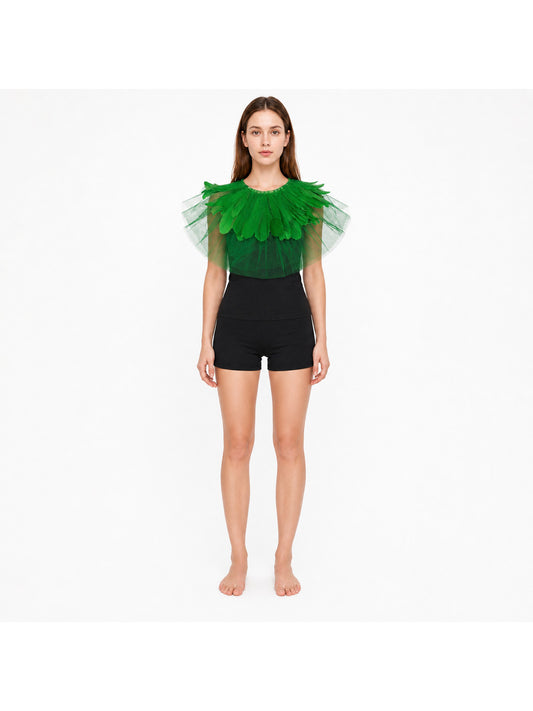 Green Feather Mesh Shawl, Layered Feather Shoulder Cover, Sheer Structured