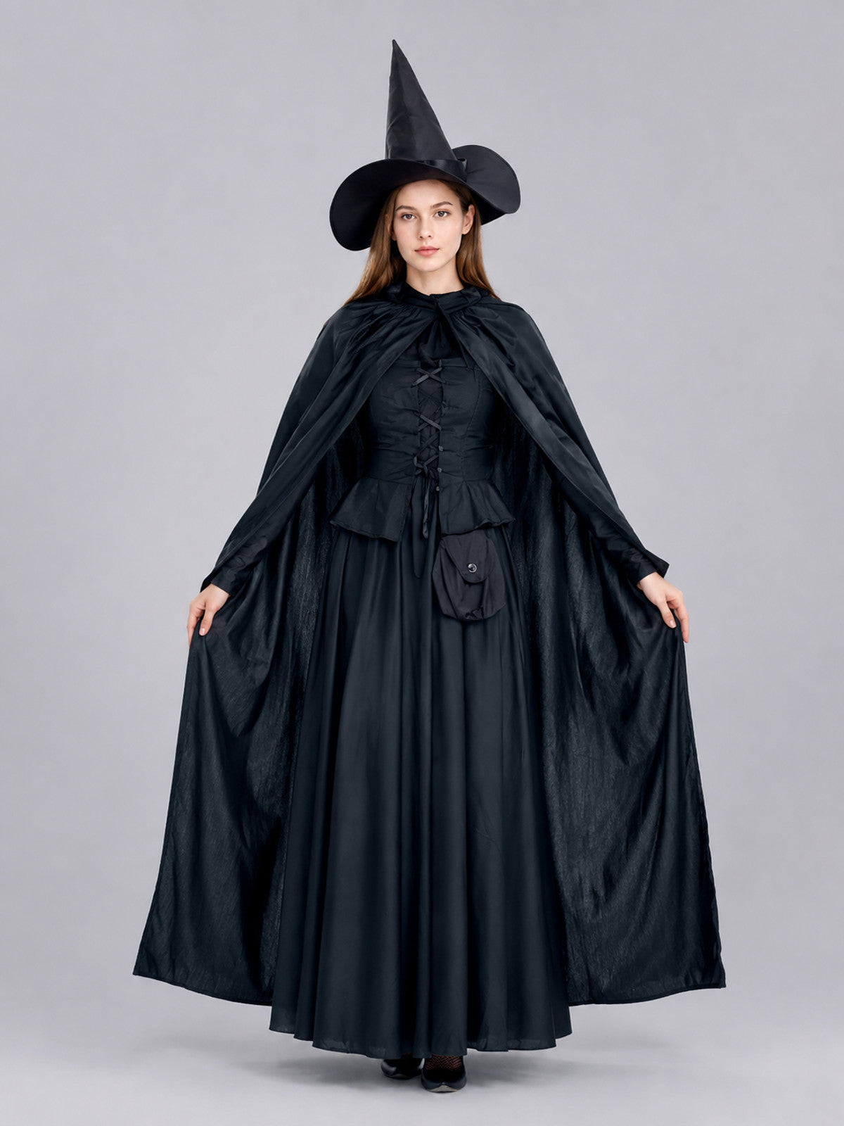 Black Witch Costume with Cape on-model view