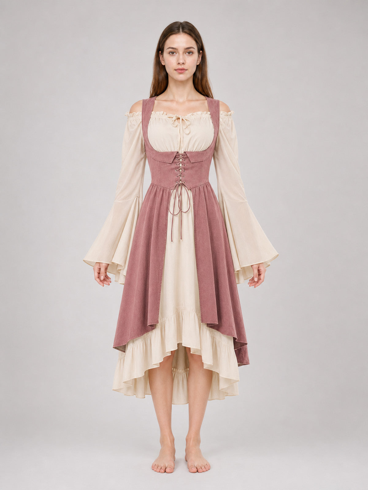 Renaissance-Style Dress with Corset and Ruffles front view