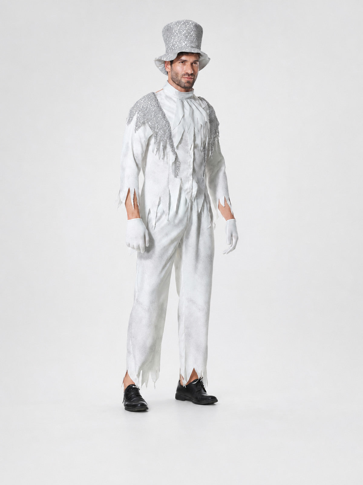 Halloween Ghost Costume with Top Hat and Gloves on-model view