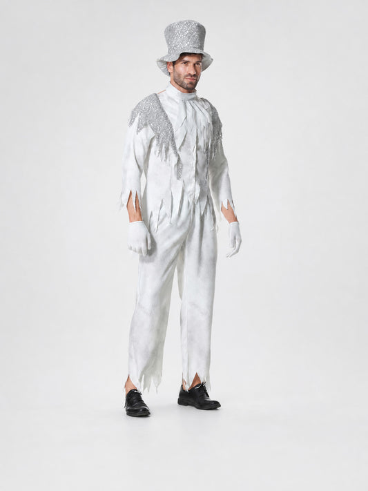 Halloween Ghost Costume with Top Hat and Gloves on-model view