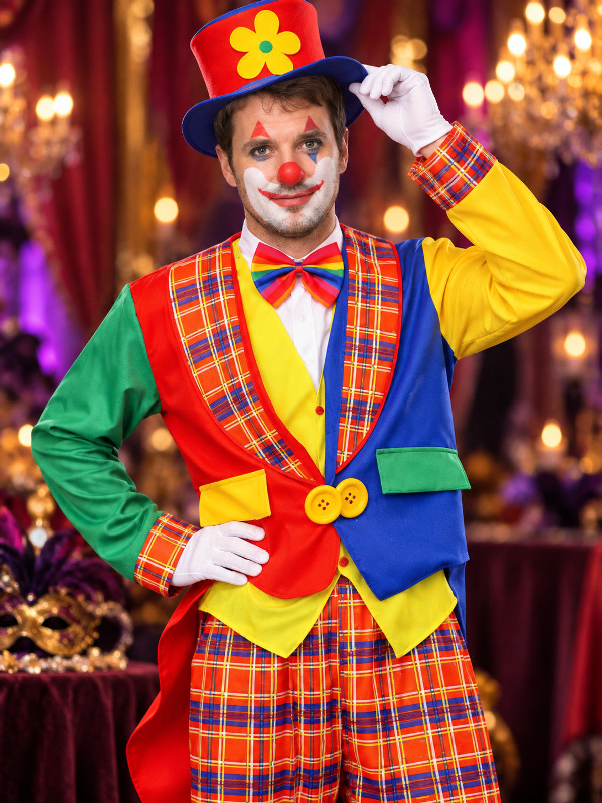Multicolored Adult Clown Costume with Plaid Pattern