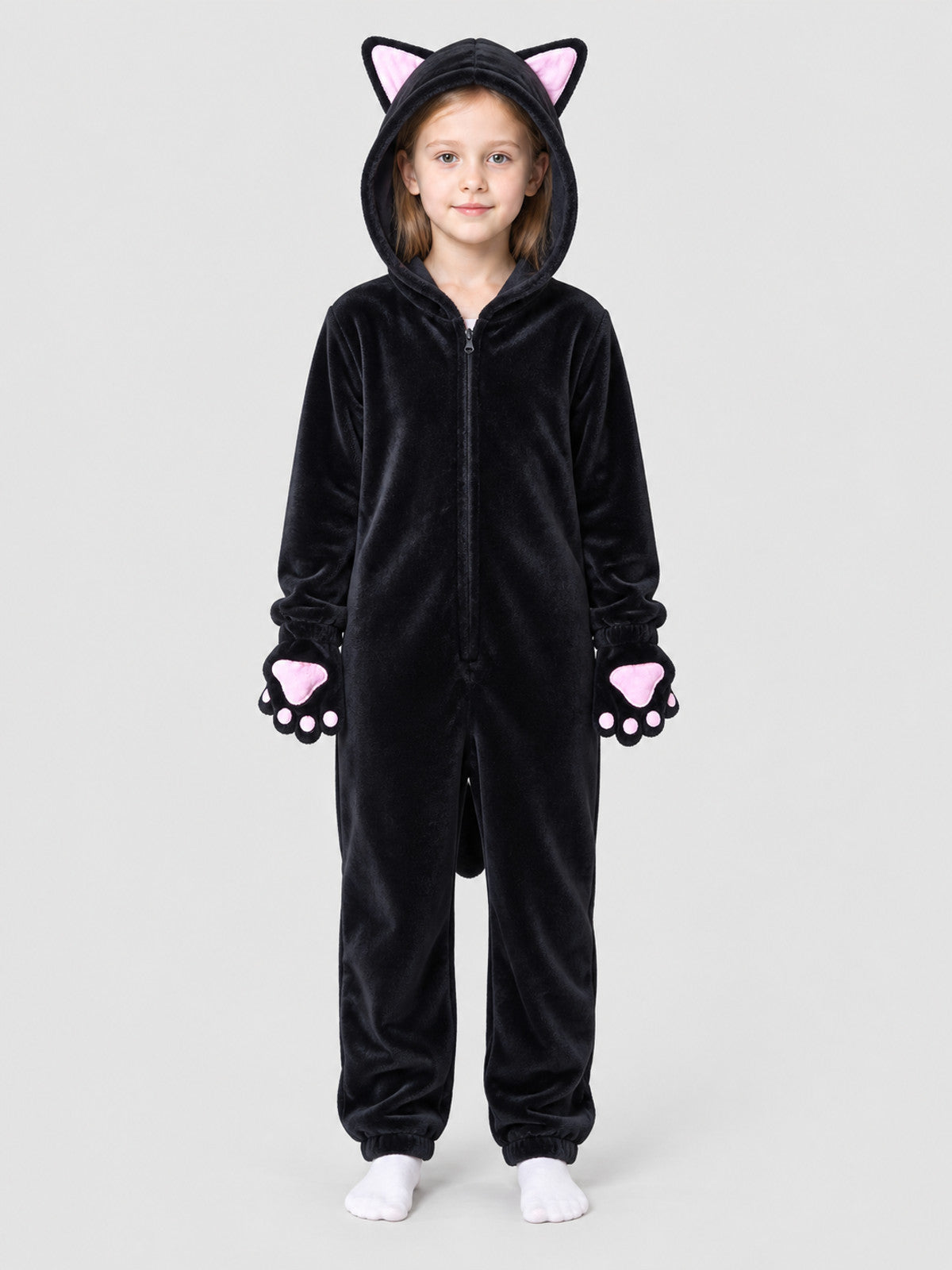 Black Plush Hooded Pajama Jumpsuit with Cat Hood