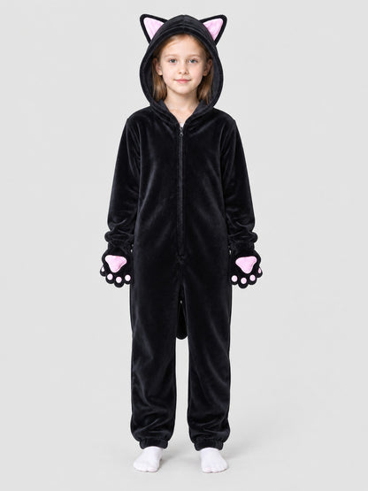 Black Plush Hooded Pajama Jumpsuit with Cat Hood