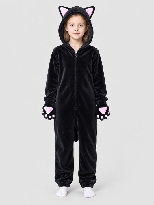 Black Plush Hooded Pajama Jumpsuit with Cat Hood