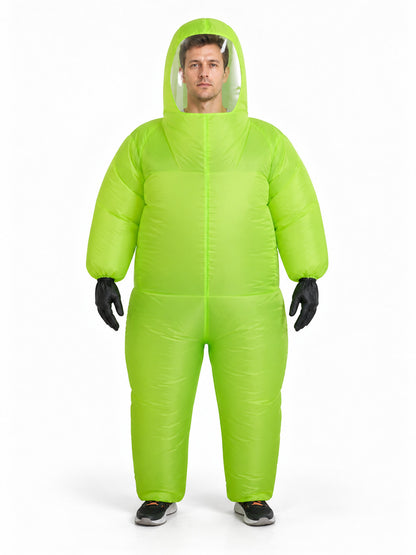 Bright green inflatable costume with hood and clear window