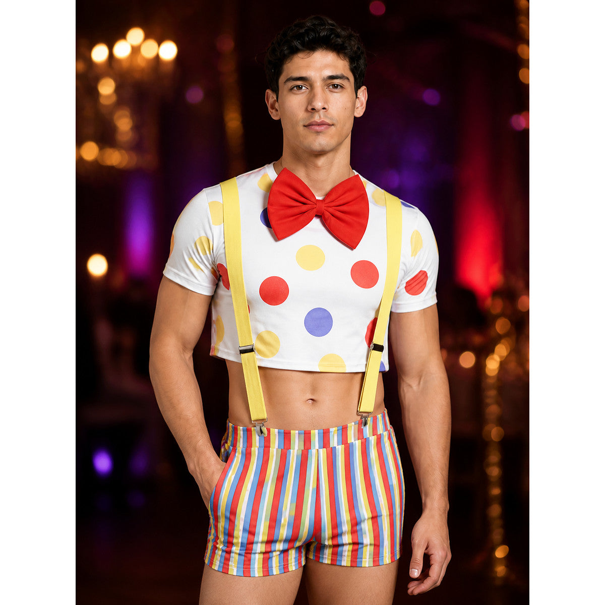 Clown Costume with Multicolored Wig and Accessories on-model view