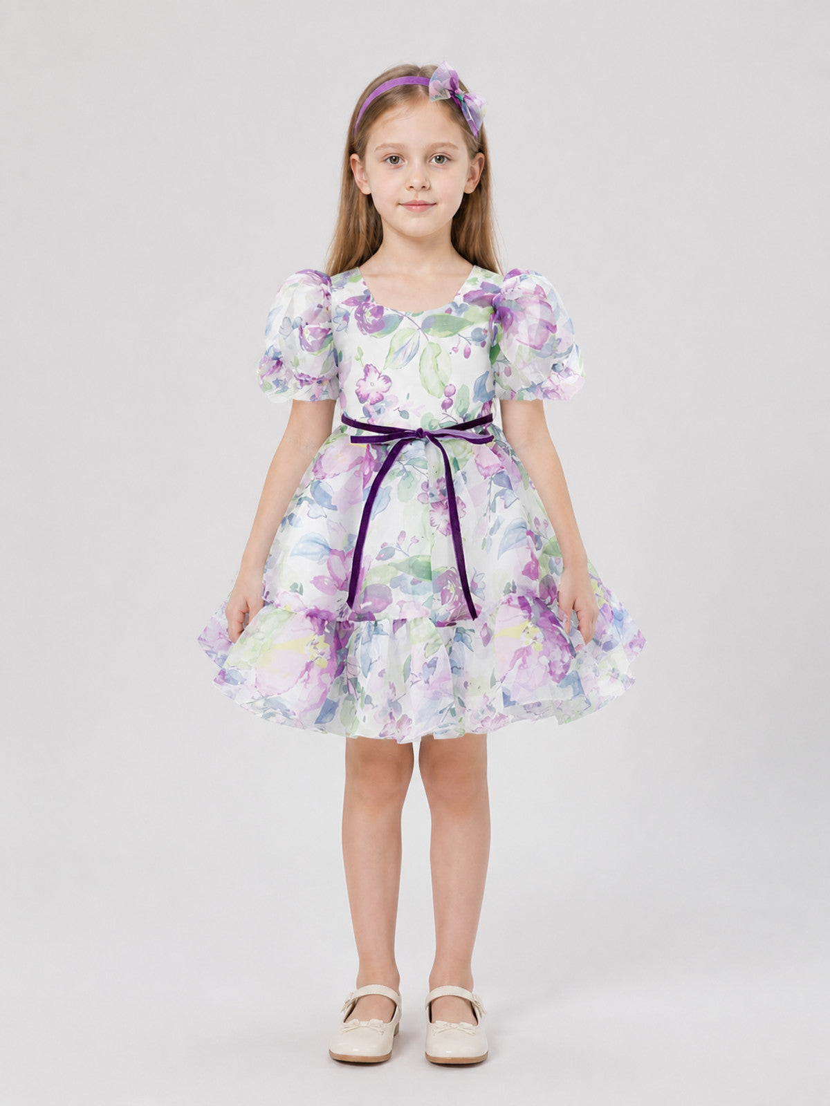 Tutu Dress with Bows and Floral Print for Special Occasions on-model view