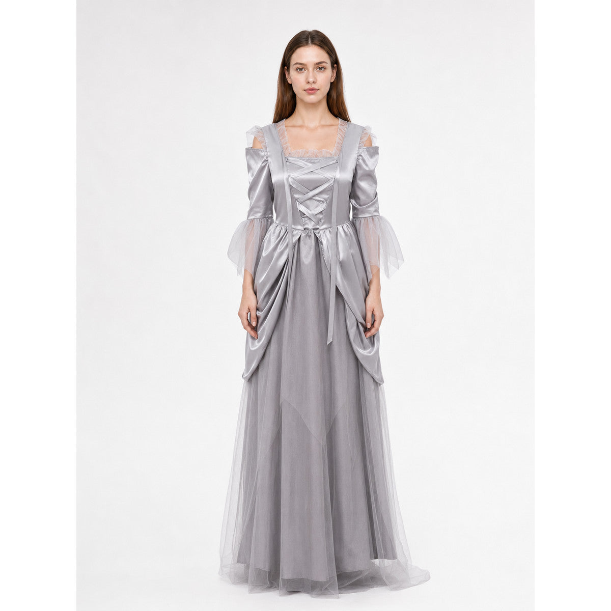 Gray Cloak Dress with Sleeves and Crisscross Lacing