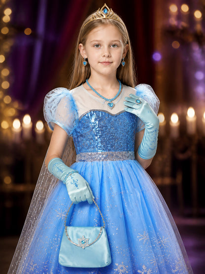 Kids Snow Queen Princess Halloween Costume Set with Sequined Blue Gown