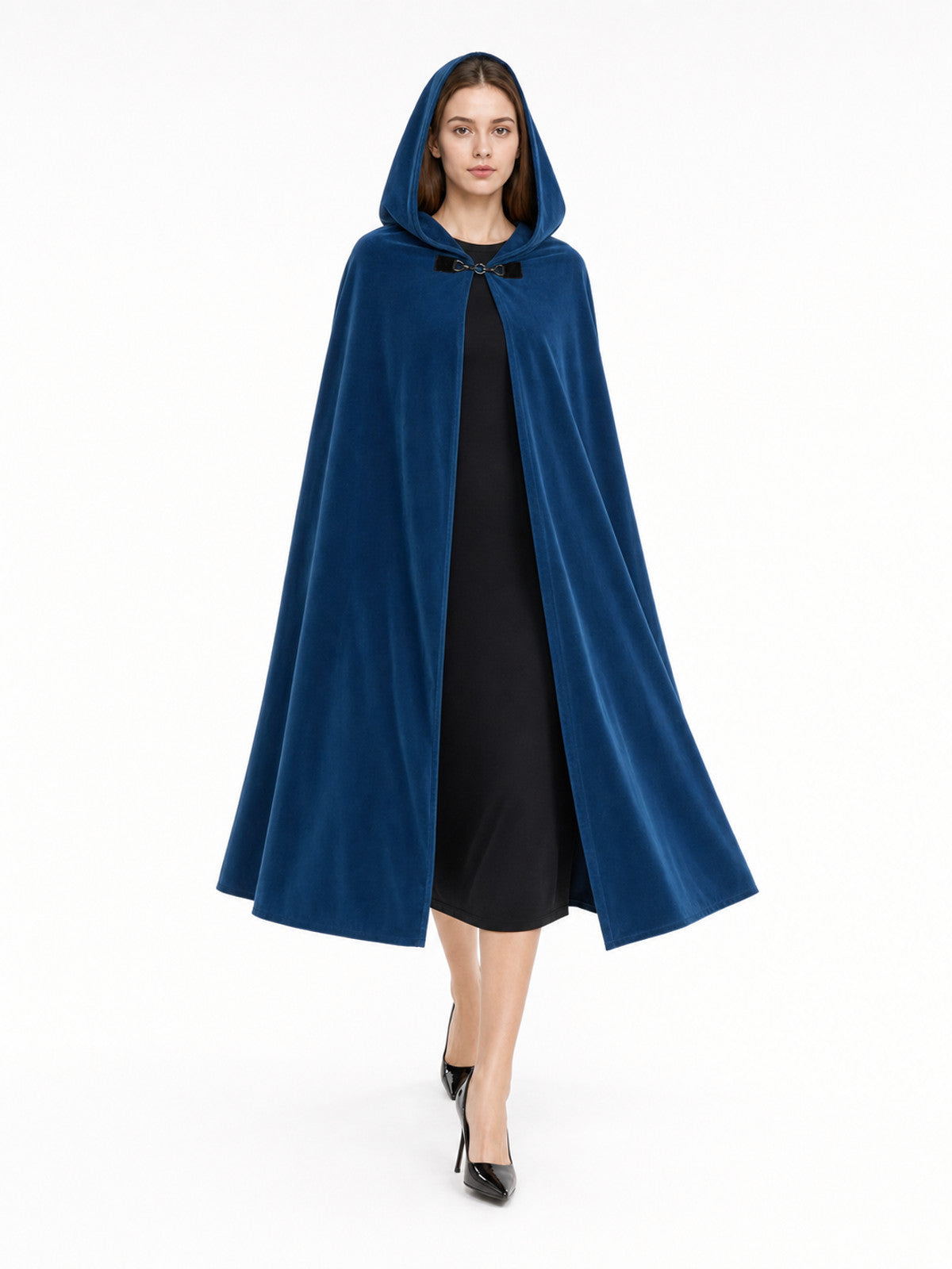 Blue hooded cloak with black bow clasp, shown full-body on a model over a black dress