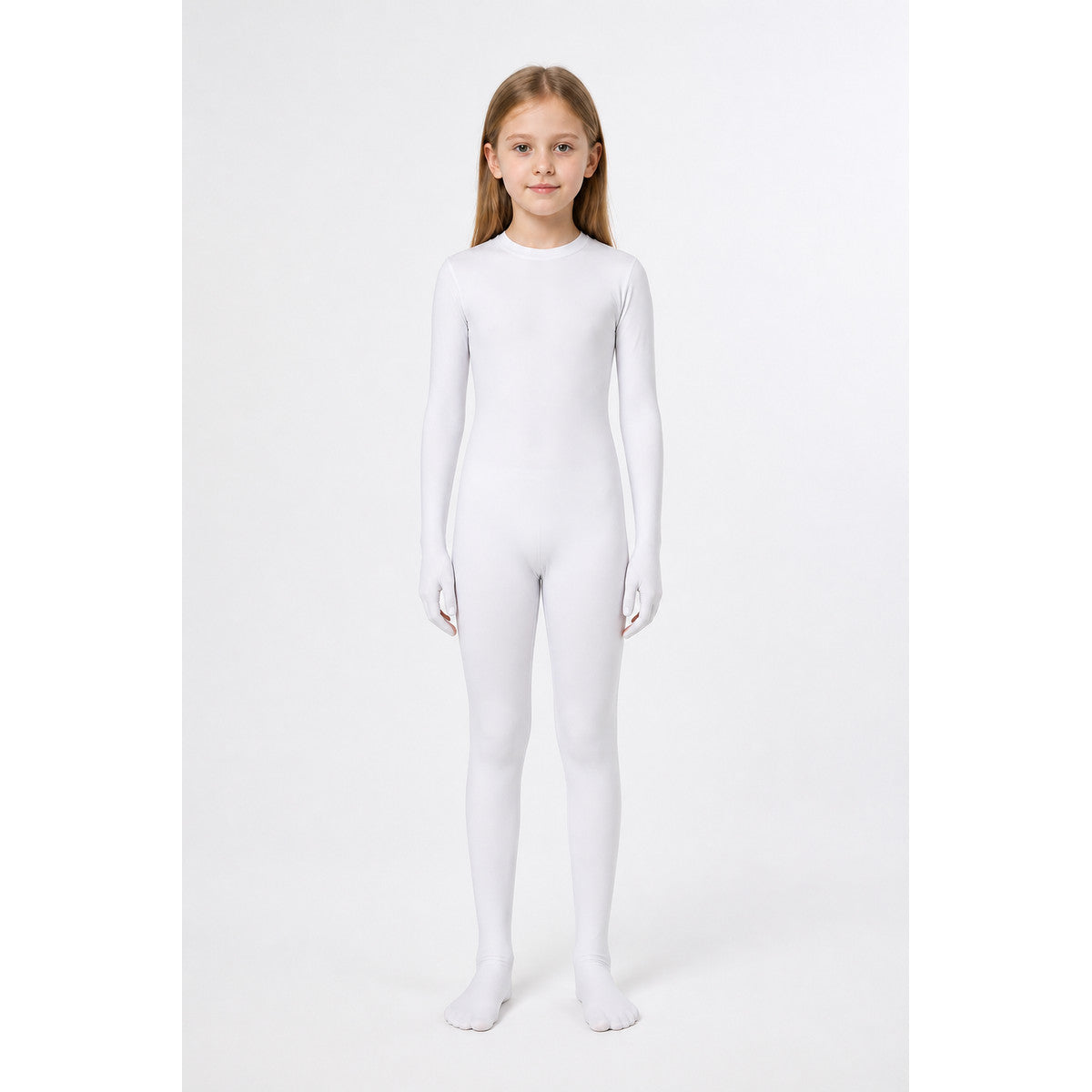 White form-fitting bodysuit with a hood and open face main product view