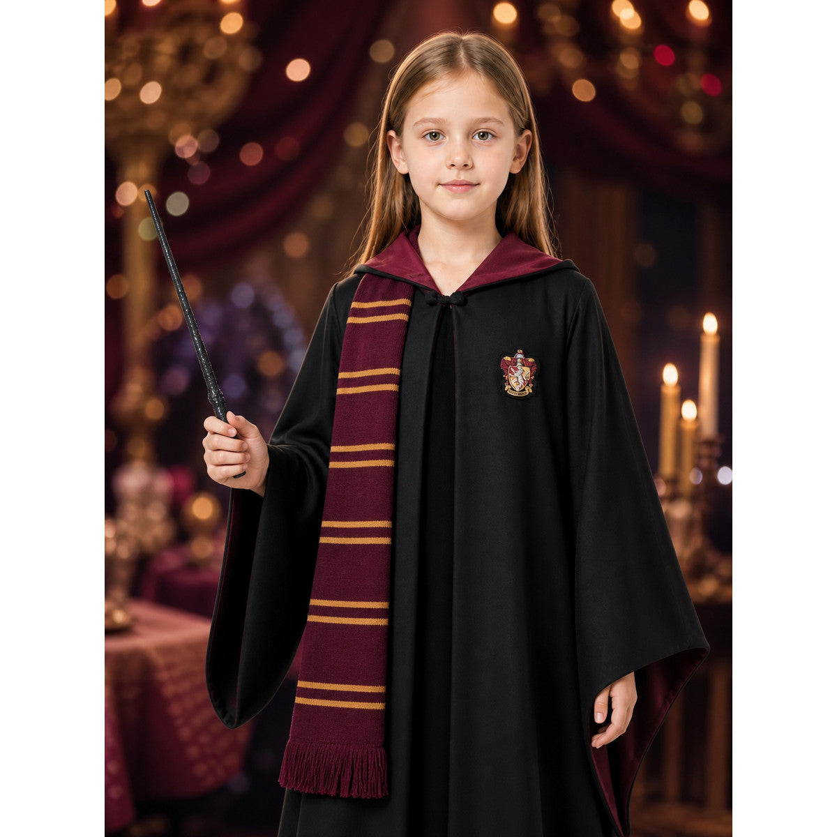 Kids Wizard Robe Costume Set, Hooded Cloak With Scarf And Wand on-model view
