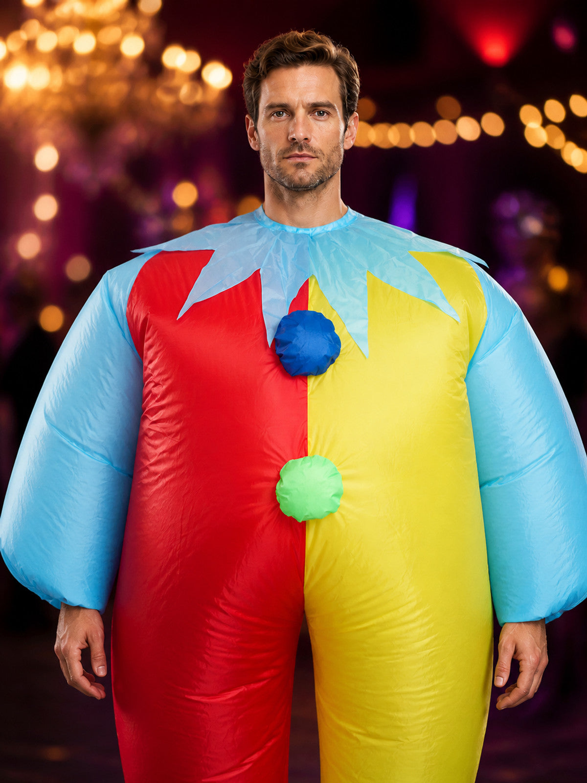 Unisex Inflatable Clown Costume Jumpsuit, Red Yellow Multi-Color Halloween on-model view