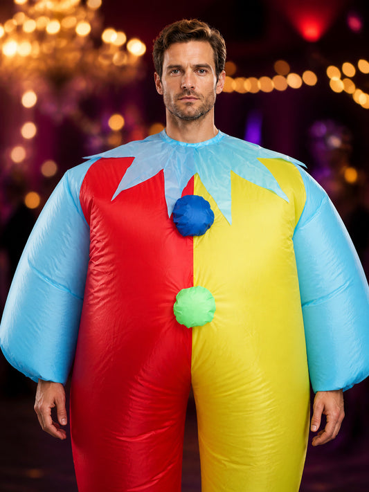 Unisex Inflatable Clown Costume Jumpsuit, Red Yellow Multi-Color Halloween on-model view