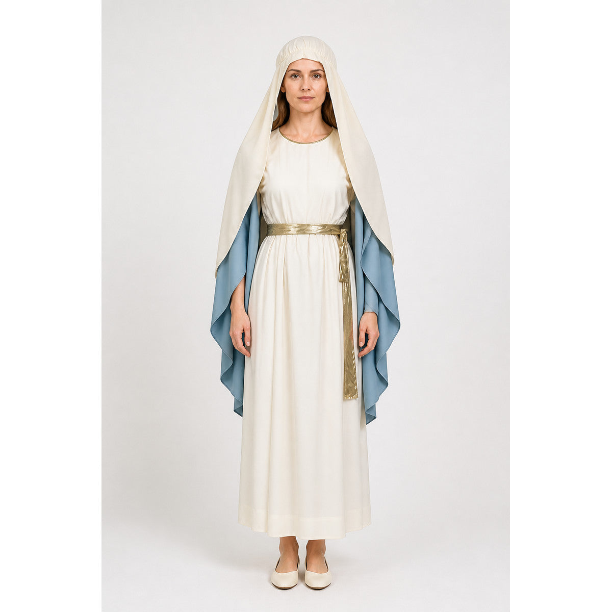 Long Dress with a Blue Cape, Scarf, and Gold Belt main product view