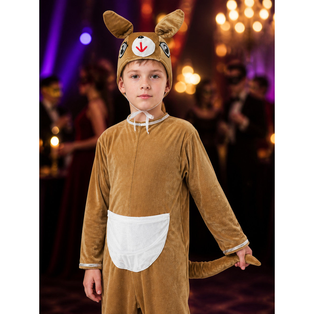 Kids Kangaroo Animal Onesie Costume, Brown and White with Hood, Tail, and Footed on-model view