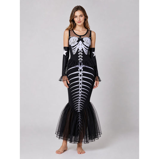 Girls' Skeleton Costume Dress, Gothic Halloween on-model view