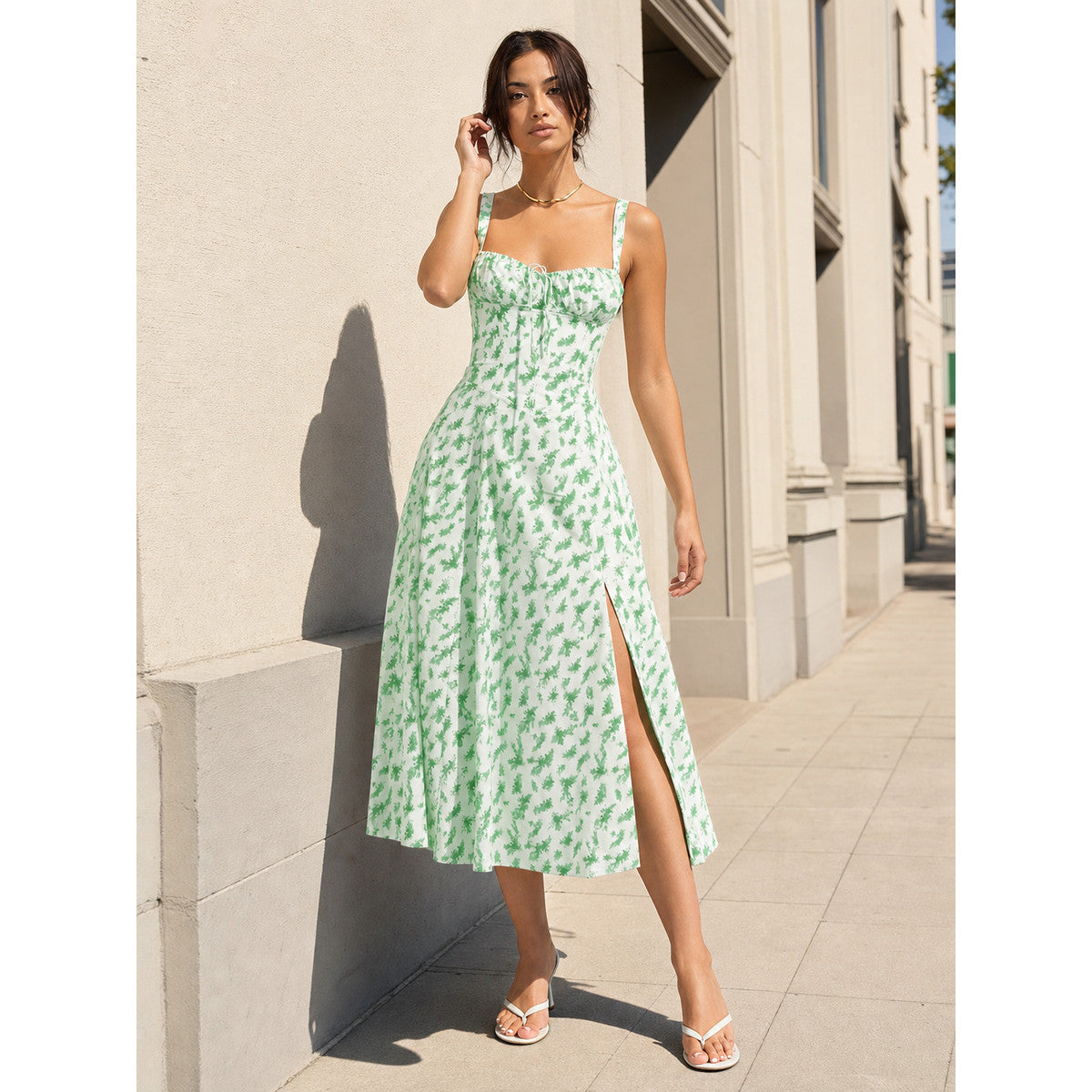 Women's midi dress with a slit and botanical print
