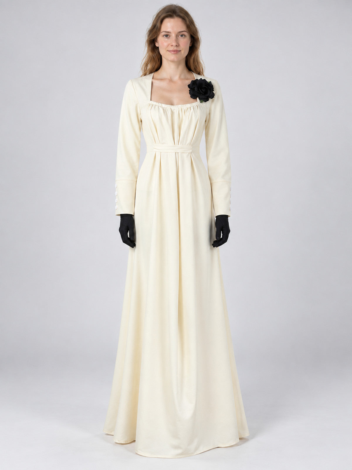 Carnival costume: dress, black gloves, rose brooch