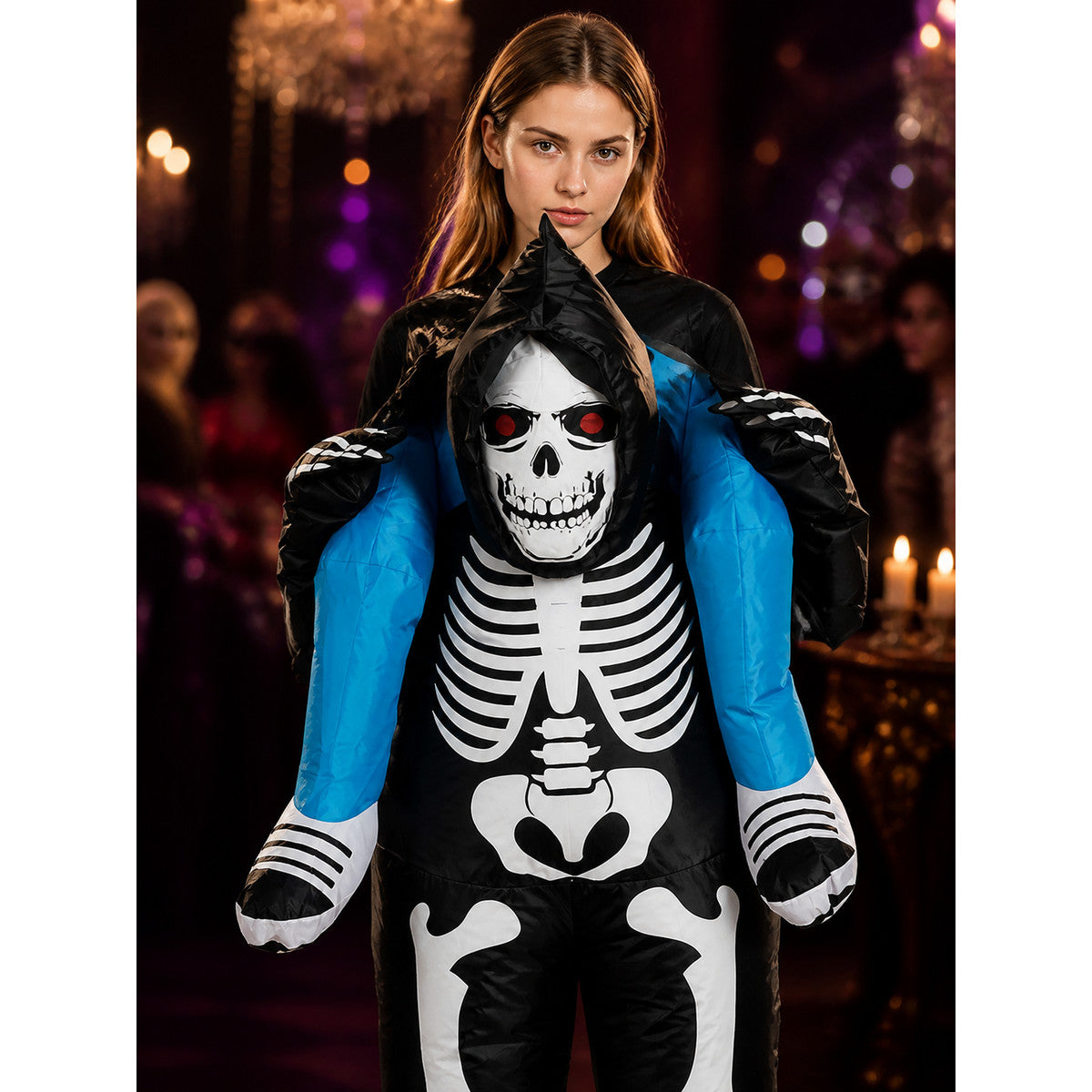 One-Piece Skeleton Costume with Head Mask, Blue Wings, and Attached Hands and on-model view