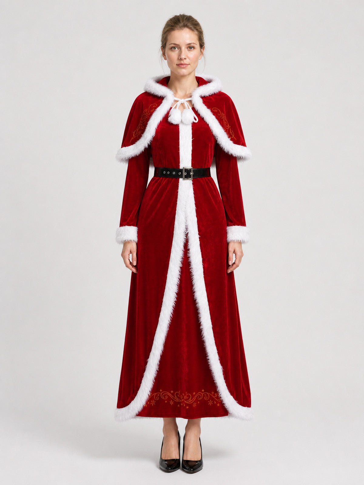 Red Christmas Costume with Hood and Fur Trim on-model view